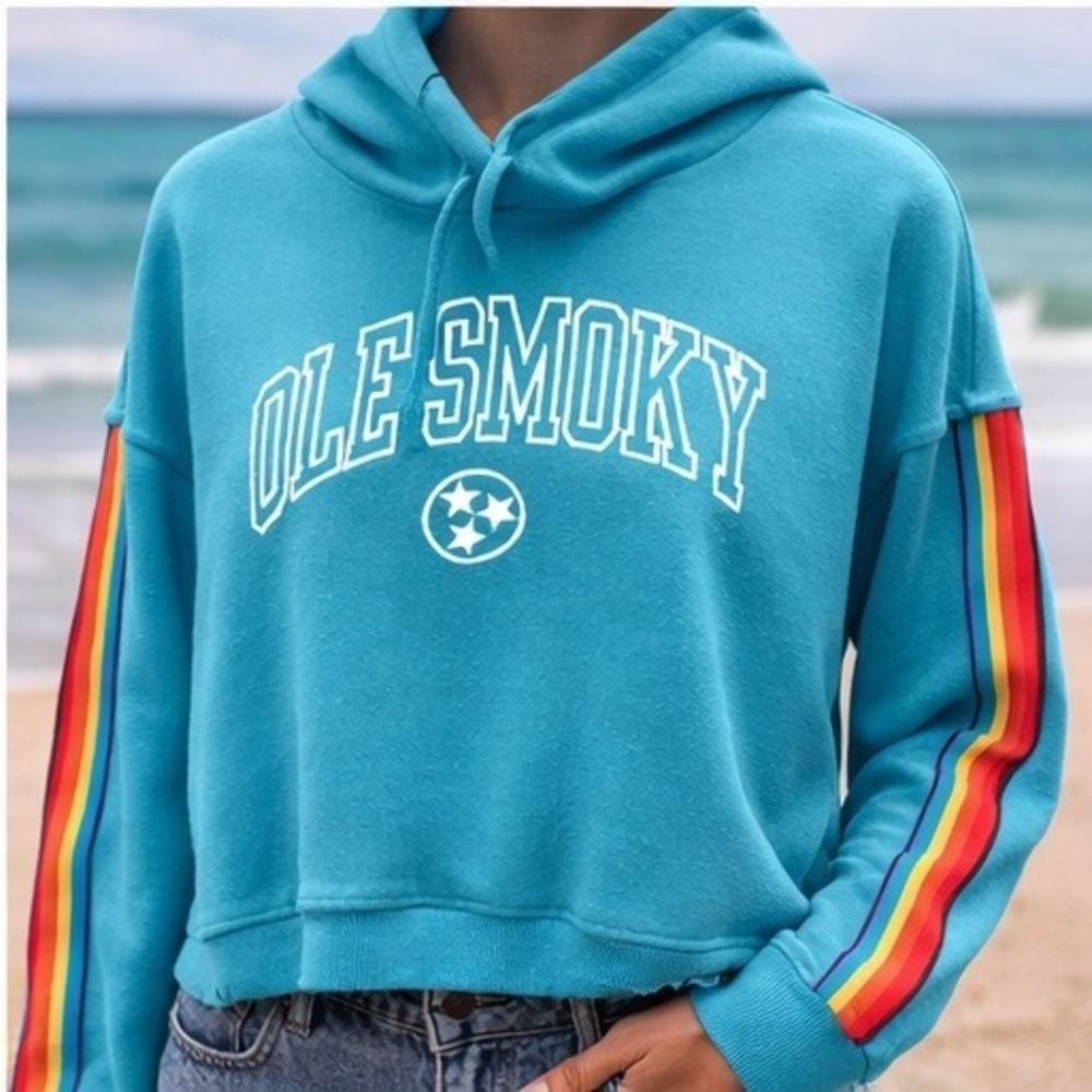 Ole Smoky Tennessee Moonshine Turquoise Cropped Hoodie‎ Rainbow Stripe Womens L